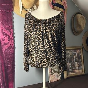 MICHAEL Michael Kors Smocked Tan and Cream Long Sleeve Blouse